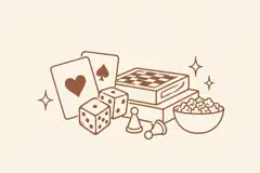 Playing cards, dice, board games and snacks